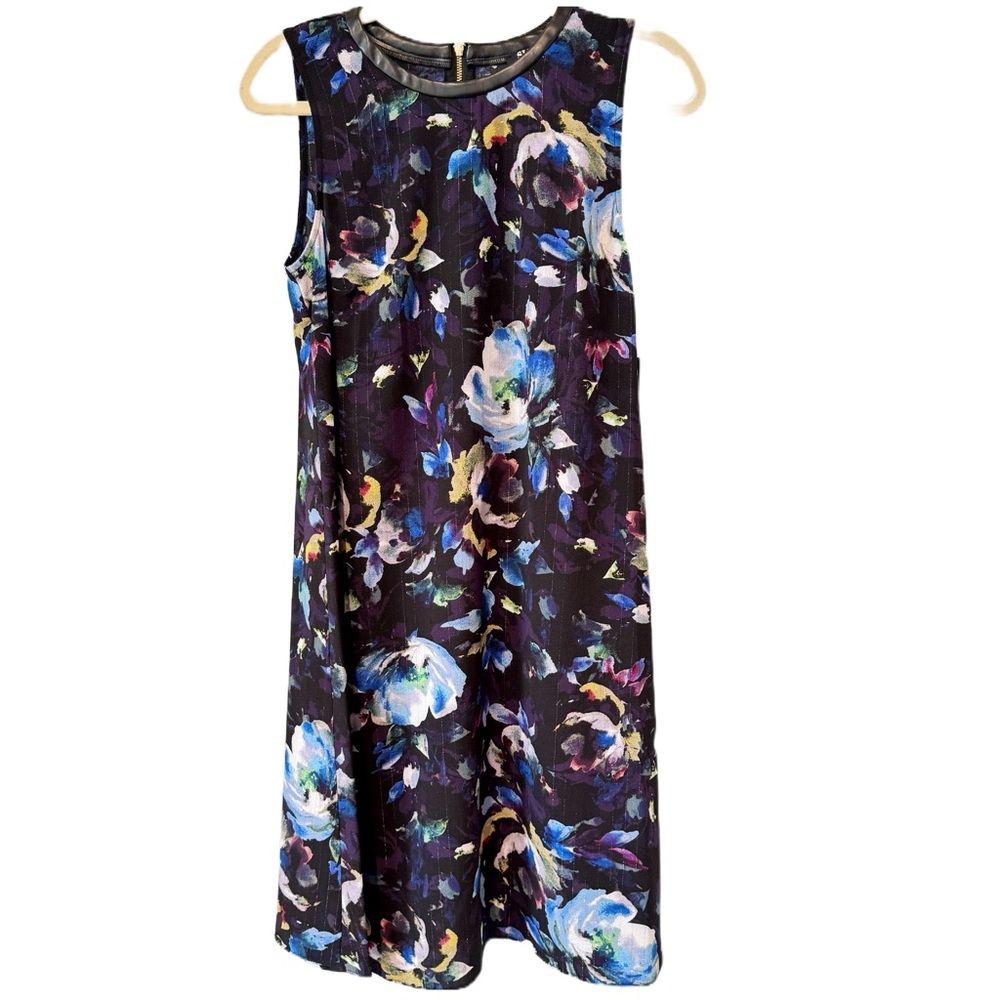 SLNY Sleeveless Black Multi Floral Shift Midi Dress Metallic Stripes Sz 6 NWT